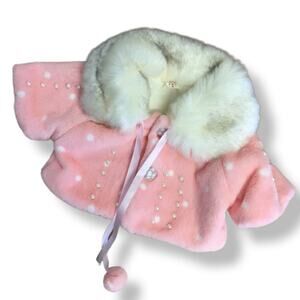 Lubaby Girls Jacket Size 8 Pink Cream Faux‎ Fur Cropped Polka Dot